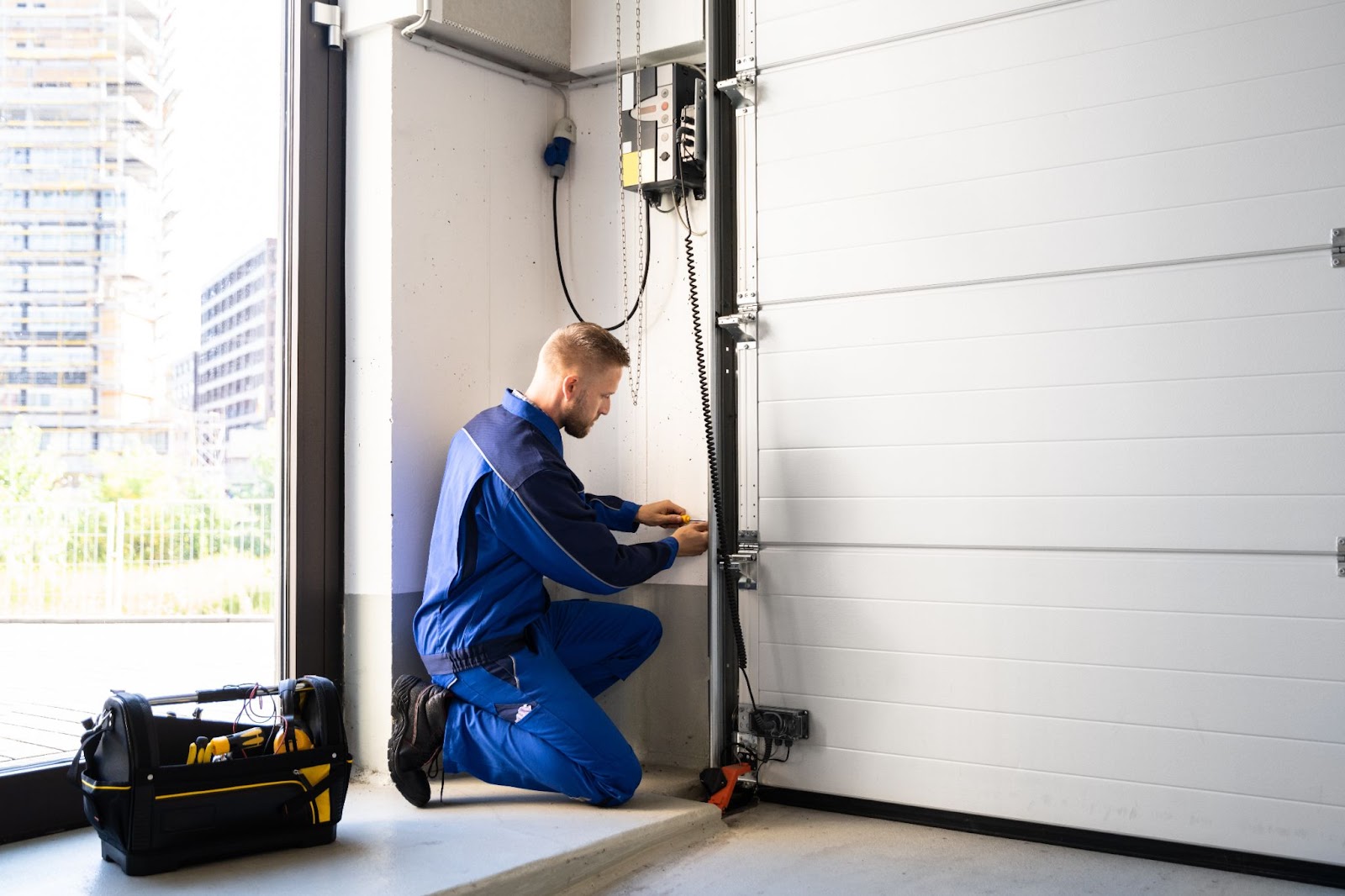 Technician kneeling to inspect a garage door track